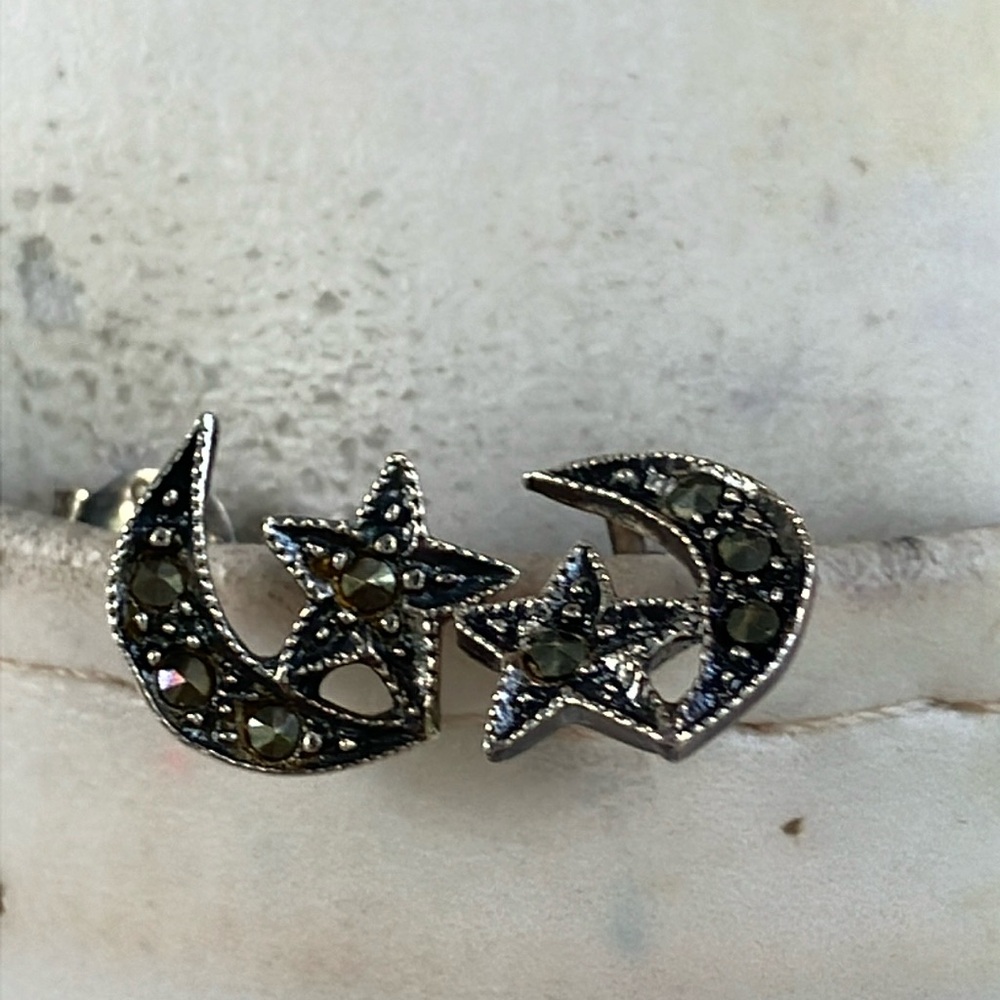 Tiny Sterling Silver Star And Moon Post Earrings - image 1